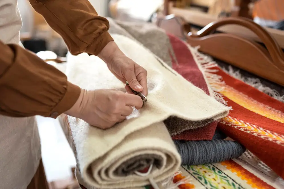 Artisan évaluant la qualité d’un tapis en laine ancien avant une restauration artisanale